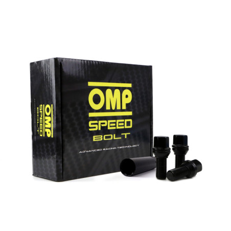 OMP SPEED JUEGO DE 20 TORNILLOS DESPLAZANTES PARA LLANTAS M14X1.50 CONICO LARGO 28MM LLAVE 17/19 COLOR NEGRO DIN 10.9
