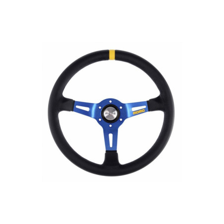 VOLANTE MOMO 350 MM PIEL NEGRA Y AZUL MOD.03