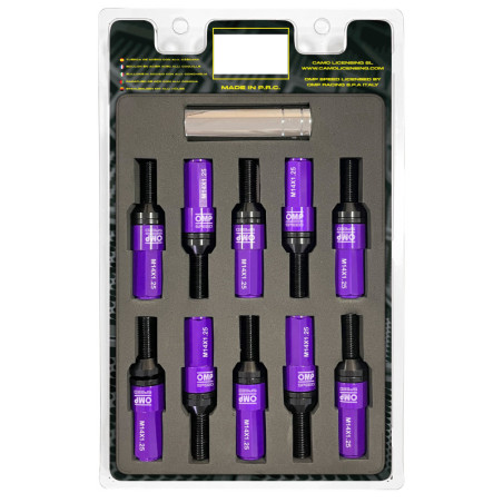 OMP SPEED JUEGO DE 20 TORNILLOS CON PROTECTOR DE ALUMINIO DE COLORES M14X1.25 LLAVE DE 17-19 LARGO 28MM CON PROTECTOR MORADO