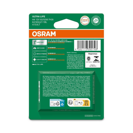OSRAM ULTRALIFE 64193ULT-1BL H4 P43T 12V 60/55W