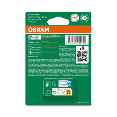 OSRAM ULTRALIFE 64132ULT-2BL H6W BAX9S 12V 6W
