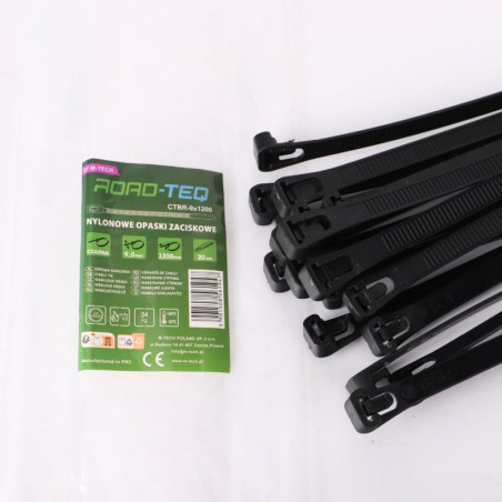 NYLONOWE OPASKI ZACISKOWE WIELOKROTNEGO UŻYTKU ROAD-TEQ W:9X1200MM 20SZT. CZARNE