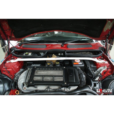 BARRA DE TORRETAS DELANTERA ULTRA RACING 2 PUNTOS PARA MINI COOPER 1 1ª GEN. R50 1.6 2WD 2000-2006